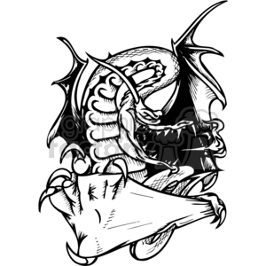 The clipart image depicts a stylized dragon holding a scroll or banner in its claws. The dragon has detailed wings, scales, and an expressive face with an open mouth revealing sharp teeth. The scroll is unfurled and blank, ideally suited for adding customized text or design elements.