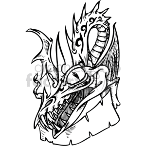 The image is a black and white clipart featuring a stylized dragon wrapped around a scroll or banner. The dragon appears to be designed with ornate details suitable for vinyl cutting, with sharp edges and contrasting dark and light areas. The scroll provides a space that could be used for adding text or other decorative elements.
