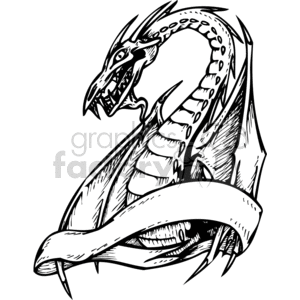 The image depicts a stylized illustration of a dragon with a scroll or banner wrapped around its neck, suitable for a vinyl cutter design. The dragon is drawn with bold lines and has intricate detailing, projecting a fierce look with its open mouth and sharp teeth. The banner in the image could be used for custom text or messaging, typically for decals or graphic design purposes.