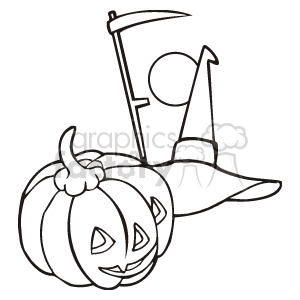 Pumpkin, Witch hat, and Scythe