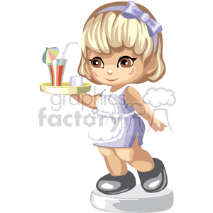 Little girl waitress with tray and drink