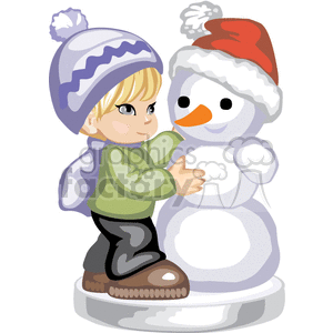 Cute little boy building a snowman with a carrot nose and a santa hat