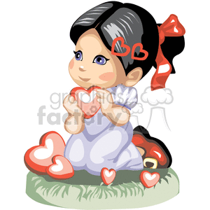 Black haired little girl holding many red hearts