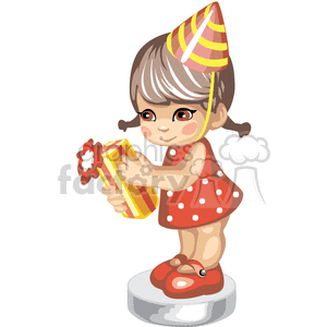 A cute little girl in a party hat holding a gift