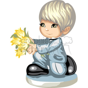 A boy down on his knee holding a bouquet of flowers