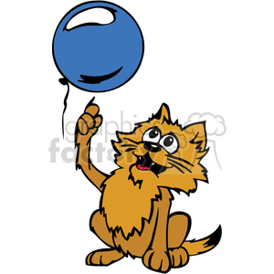 The image features a cartoon of a brown, shaggy cat sitting on its hind legs, looking up with a surprised or amused expression, with its left front paw raised and touching the string of a blue balloon that's floating above it. The balloon has a shiny appearance and a simple facial feature design.