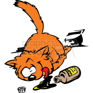 The clipart image features an orange cat with an exaggerated expression and posture that suggests discomfort or sickness. The cat is on its knees with one eye closed, its tongue sticking out, and a noticeable frown, indicating nausea or a feeling of being unwell. Next to the cat is an overturned bottle with a label and a small ring of liquid spilling out, along with a small bottle cap nearby. The content stresses the cat's queasy condition, hinting at feeling ill.