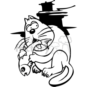The clipart image shows a cartoon cat with a comedic expression, biting into a large fish. The cat's eyes are wide and have an excited or surprised look. There is also an old-fashioned stove or pot in the background, which the cat might be next to.