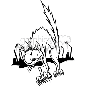 The clipart image shows a stylized cat in a scared or alarmed pose. The cat's fur is standing on end, its back is arched, and its eyes are wide open with a frightened expression. The image is black and white, with bold outlines, making it suitable for vinyl cutting or similar applications.