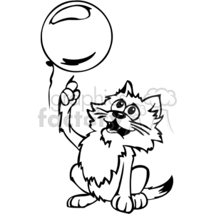 The clipart image features a cartoon of a fluffy cat with a humorous expression, sitting down, holding a balloon by a string with one paw. The balloon is floating in the air above the cat. The design is in black and white with clear outlines, making it suitable for vinyl cutting or other crafting purposes such as coloring or creating decals.