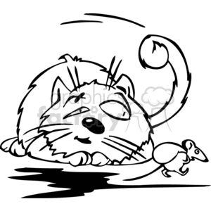 The clipart image depicts a comic-style representation of a lazy looking cat lying down with its head resting on the ground and one eye slightly open. A small mouse is seen walking casually nearby, seemingly unthreatened by the presence of the cat. The image is in black and white, with bold outlines and simple shading, making it suitable for vinyl cutting or similar applications.