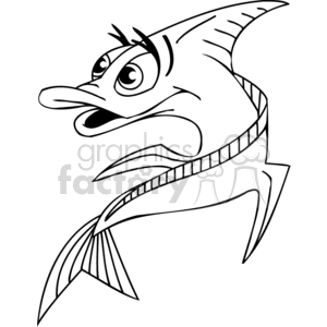 The clipart image depicts a cartoon fish with an exaggerated, funny expression. The fish has a large, protruding lower lip, wide eyes looking upwards, and an overall surprised or shocked demeanor. The style is black and white line art, typically used for coloring activities or print media.