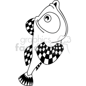 The image is a black and white clipart illustration of a whimsical fish with a pattern of checkered scales. The fish seems to be portrayed with a playful or funny character due to its exaggerated features and the pattern on its body.