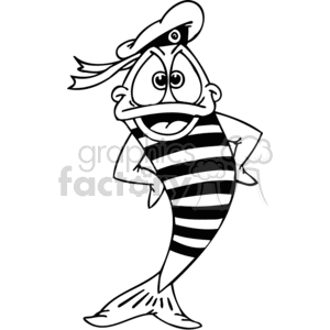 The image shows a cartoon of a fish characterized with human-like features and wearing sailor attire. The fish stands upright on its tail fin, has arms placed akimbo (on its hips), and facial expressions suggestive of a human. The fish is also wearing a sailor's cap and a striped sailor's shirt.