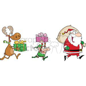 3337-Happy-Santa-Claus,Elf-and-Reindeer-Runs-With-Gifts