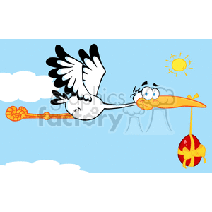 stork flying carrying and egg