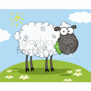 The image shows a cartoon sheep standing on a grassy knoll with a few daisies around it. The sheep has a large, fluffy white body with swirls indicating its woolly texture, a dark grey face with large, round white eyes and a small smiling expression, black legs, and a little green tail. The background features a light blue sky with a few clouds and a stylized yellow sun.