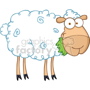 The clipart image depicts a cartoon sheep with a whimsical appearance. The sheep is characterized by a large, fluffy white body with blue swirl patterns indicating its wool texture. It has a comical facial expression with big, round eyes and a quizzical look. The face is beige with a darker beige snout, and there's a green leafy tuft, possibly representing food, at the corner of the mouth. The sheep also has a pair of light brown legs with black hooves.