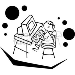 Black and white outline of a student learning about computers 