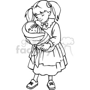 Black and white outline of a girl holding a baby