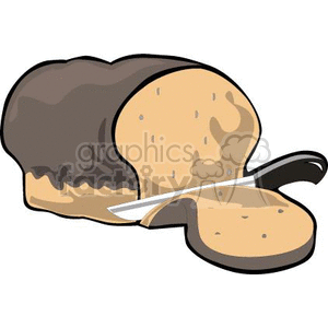 This clipart image depicts a loaf of bread with a single slice cut from it. A knife is shown in the act of slicing the bread.