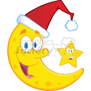 Royalty Free RF Clipart Illustration Smiling Crescent Moon With Santa Hat And Happy Christmas Star Cartoon Characters