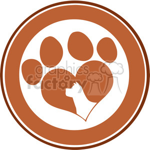 Royalty Free RF Clipart Illustration Love Paw Print Brown Circle Banner Design With Dog Head Silhouette