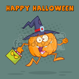 8899 Royalty Free RF Clipart Illustration Funny Witch Pumpkin Cartoon Character Running With A Halloween Candy Basket Vector Illustration Greeting Card