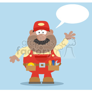8533 Royalty Free RF Clipart Illustration African American Mechanic Cartoon Character Waving For Greeting Flat Style Vector Illustration With Speech Bubble And Background