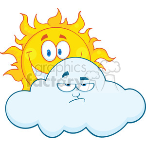 Royalty Free RF Clipart Illustration Happy Sun Smiling Behind A Sad Cloud Cartoon Mascot Characters