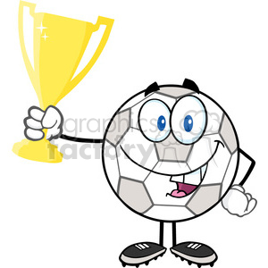 Royalty Free RF Clipart Illustration Happy Soccer Ball Cartoon Character Holding Golden Trophy Cup