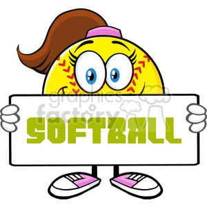 cute softall girl cartoon mascot character holding a sign vector illustration with text softball isolated on white background