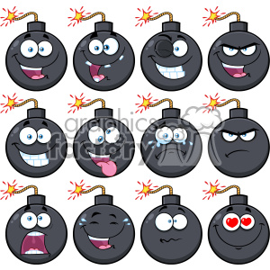 10836 Royalty Free RF Clipart Bomb Face Cartoon Mascot Character With Emoji Expressions Vector Illustration