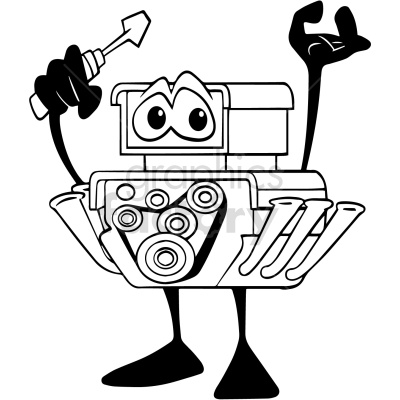 A line drawing of a cartoon engine. The engine has 2 hands and feet, and is holding a screwdriver in one of its hands 