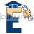 This animated gif is the letter e. It has a graduation hat on and is moving side to side. It is holding its graduation papers in a hand that is floating and not attached to the body