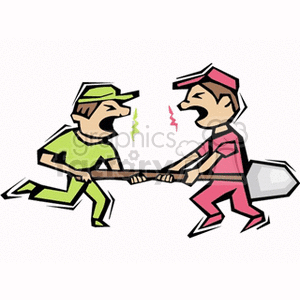 This is a clipart image depicting two cartoon men in a tug-of-war stance with shovels. They appear angry and confrontational, emphasizing a sense of conflict or disagreement. One man is dressed in green, the other in red, and squiggly lines between their faces suggest they are shouting or arguing.