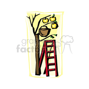 This clipart image features a stylized tree with golden apples, a red ladder leaning against the tree, and a handled basket placed on one of the branches. The image represents an agricultural or orchard setting, with an emphasis on apple picking.