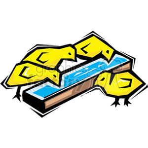 The clipart image depicts three small, stylized yellow chicks next to a blue drinking trough filled with water. The chicks appear to be farm animals and are likely meant to represent baby chickens drinking water, which is an agricultural theme.
