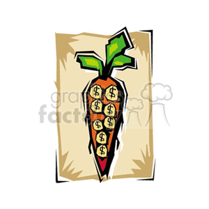 The clipart image depicts a stylized carrot with dollar signs on it. This suggests a theme of profitability or revenue in agriculture, gardening, or the selling of vegetables.