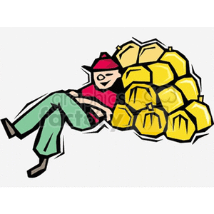 This clipart image depicts a cartoon-style farmer wearing a red hat and green pants, reclining and resting against a pile of pumpkins