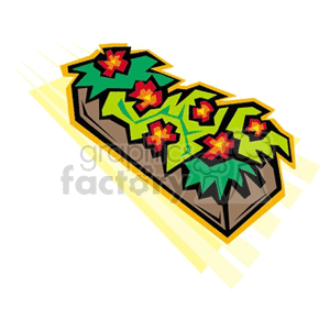 This clipart image depicts a stylized window box filled with red flowers and greenery. The window box appears to be placed on a windowsill with sunlight casting angles suggestive of either sunrise or sunset.
