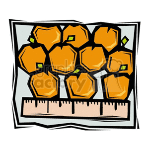 The clipart image shows a group of stylized orange fruits, with a simple geometric design and a small patch of green representing the stem area on each orange. They are contained within what looks like a flat container or a tray. The background suggests a simple shading effect.