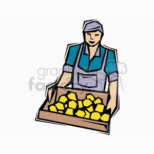 The clipart image shows a farmer or vendor holding a wooden crate filled with yellow fruits, suggesting the person might be selling the produce at a market or store. The individual is wearing a hat and an apron, which implies involvement in agriculture or gardening activities.