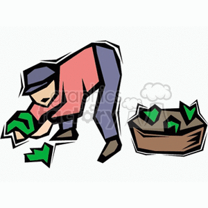 The clipart image depicts a stylized representation of a farmer engaged in gardening. The farmer appears to be planting or harvesting, with a focus on green, leafy vegetation. Next to the farmer is a basket containing several green items, possibly representing harvested vegetables or fruits.