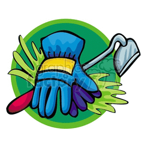 The clipart image shows a pair of gardening gloves and a garden hoe. The gloves are multi-colored with shades of blue, yellow, and red, and the hoe has a gray metal head and a blue handle. They are both set against a green backdrop with stylized leafy accents.