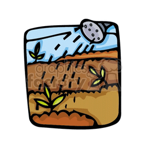 The clipart image depicts a garden scene with sprouting plants. There is a section of brown soil with lines indicating where seeds might have been planted, and green sprouts are emerging from the ground. Above the soil, there is a watering can showering water onto the sprouts, signifying the act of watering the plants. In the background, there's a blue sky with a few clouds.
