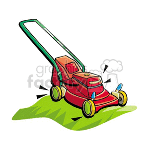 The clipart image shows a red push lawn mower on a patch of grass. The lawn mower appears to be vibrating or in motion, indicated by the motion lines around it.