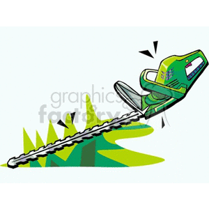 This image illustrates a cartoon-style motorized hedge trimmer in the midst of trimming some green hedges, with small pieces of the cut hedges flying away from the blade to indicate motion. 