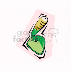 The clipart image shows a gardening hoe, which is a hand-held tool used in gardening and agriculture for shaping soil, removing weeds, clearing soil, and harvesting root crops. It has a wooden handle and a green metal blade.