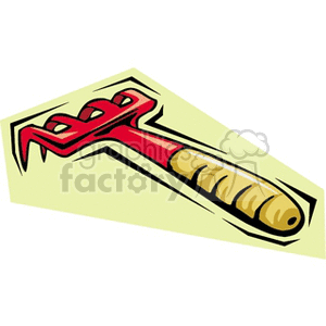 The image is a stylized clipart of a hand-held garden rake. The rake has a red body with a wooden handle. The clipart is set at a slight angle against a cream-colored background.